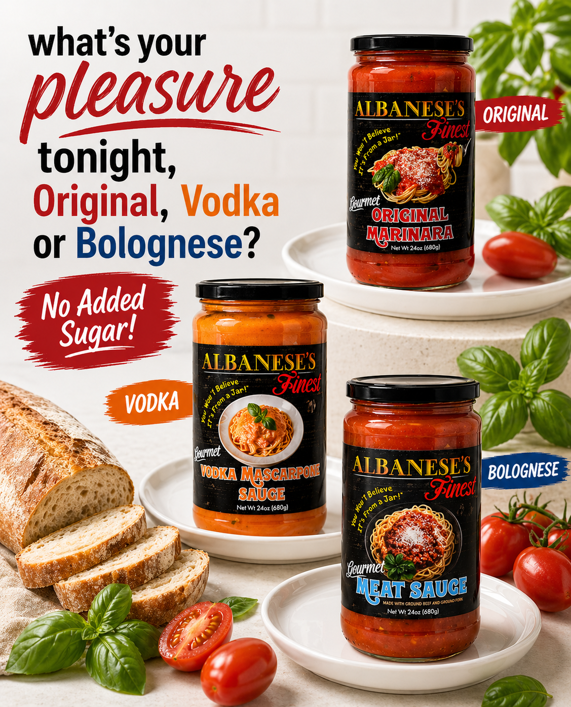 What's your pleasure tonight — Original, Vodka or Bolognese? Albanese's Finest sauce jars with fresh ingredients