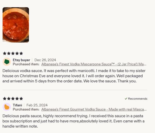 5-star Etsy reviews for Albanese's Finest Vodka Mascarpone Sauce