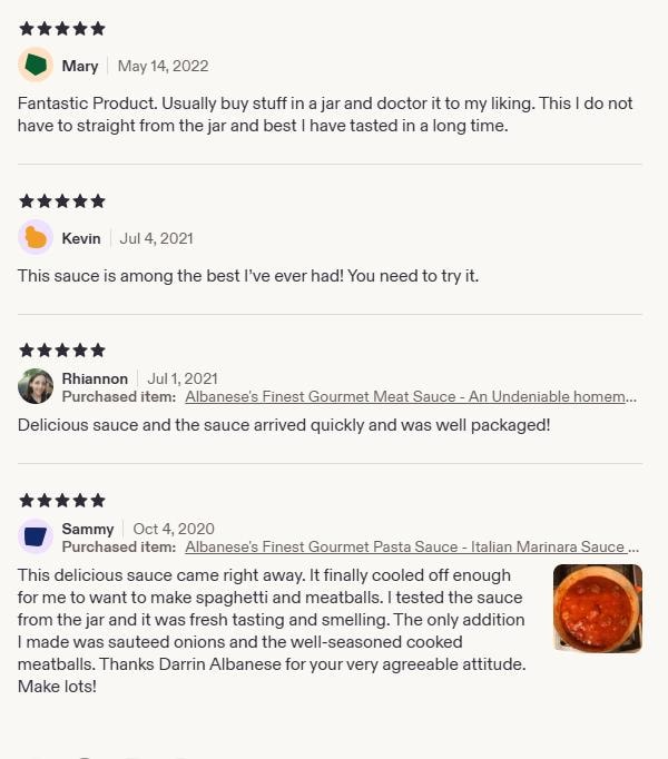 5-star Etsy customer reviews for Albanese's Finest gourmet pasta sauce